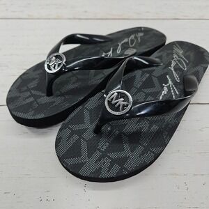Michael Kors Womens 7 Bedford Sandals Signature PVC Black Silver Logo Flip Flops